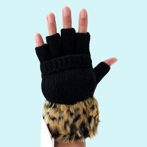 Adrienne Landau Gloves Black Leopard Fingerless Convertible Wool Blend Faux Fur